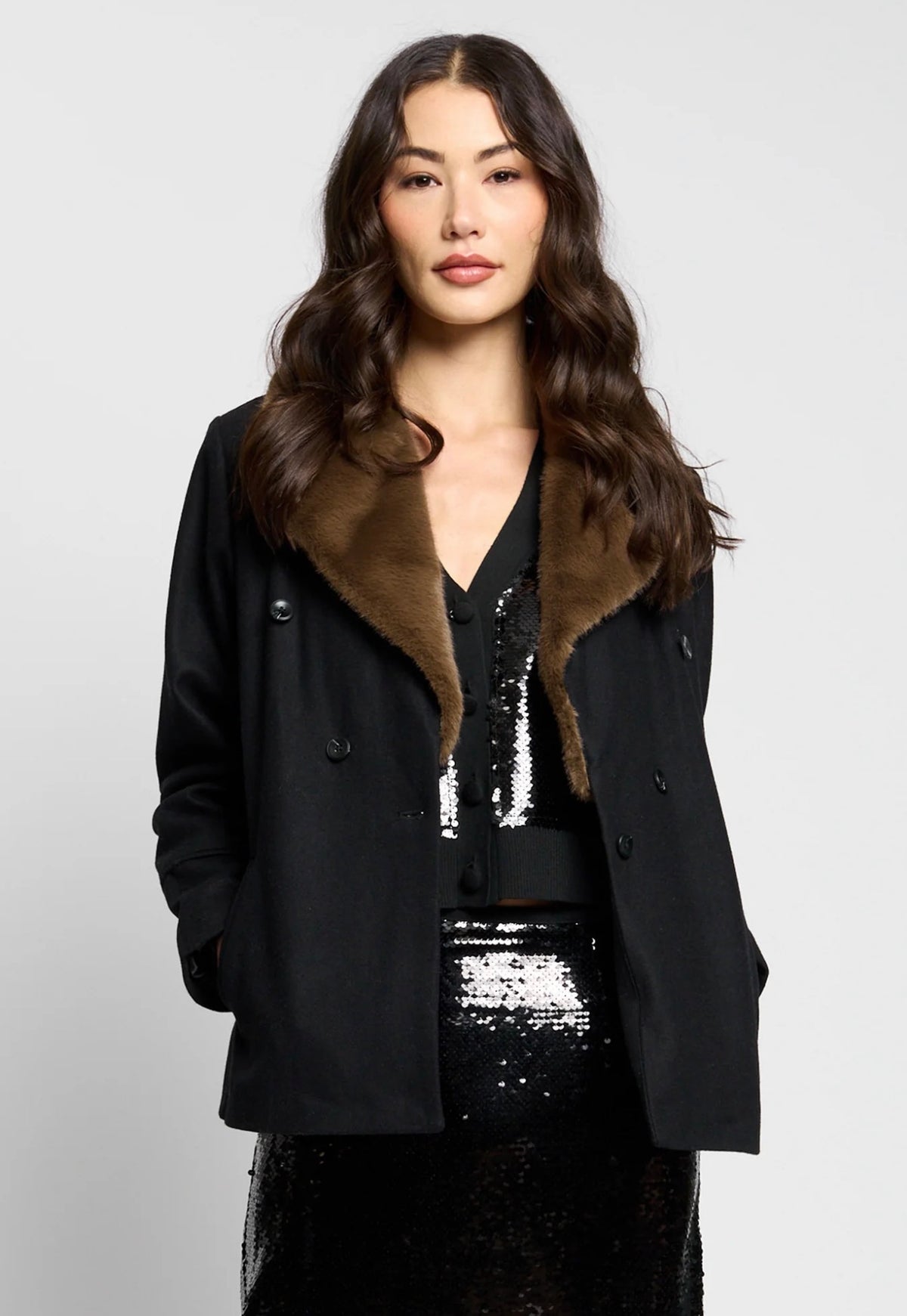 Central Park West Asher Melton Fur Collar Peacoat